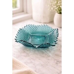 Vintage Indiana Glass Teal Diamond Point Ruffle Square Candy Dish MCM
